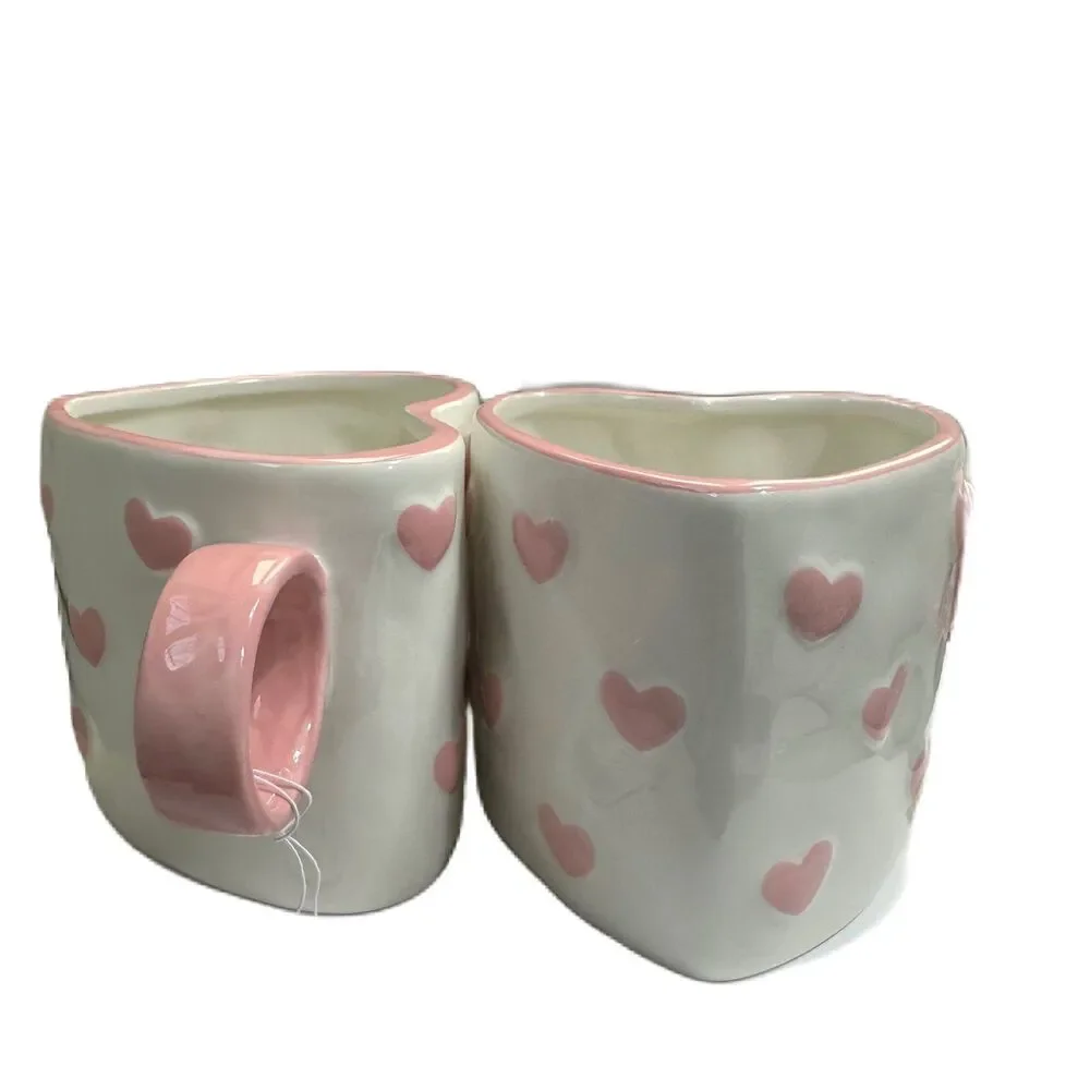 Heart Shape Pink/ White Ceramic Coffee Tea Mug, Painted by Hand 18OZ - Lot of 2